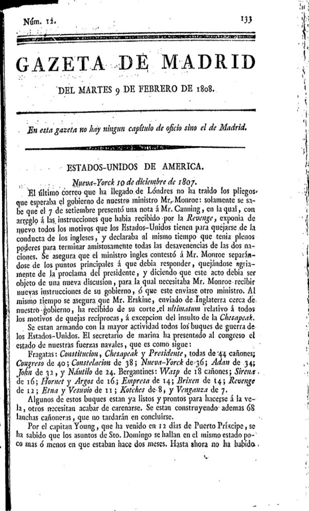 Miniatura de Gazeta de Madrid del martes 9 de febrero de 1808
