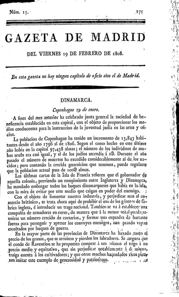 Miniatura de Gazeta de Madrid del viernes 19 de febrero de 1808