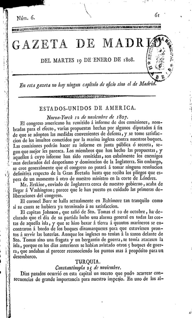 Miniatura de Gazeta de Madrid del martes 19 de enero de 1808