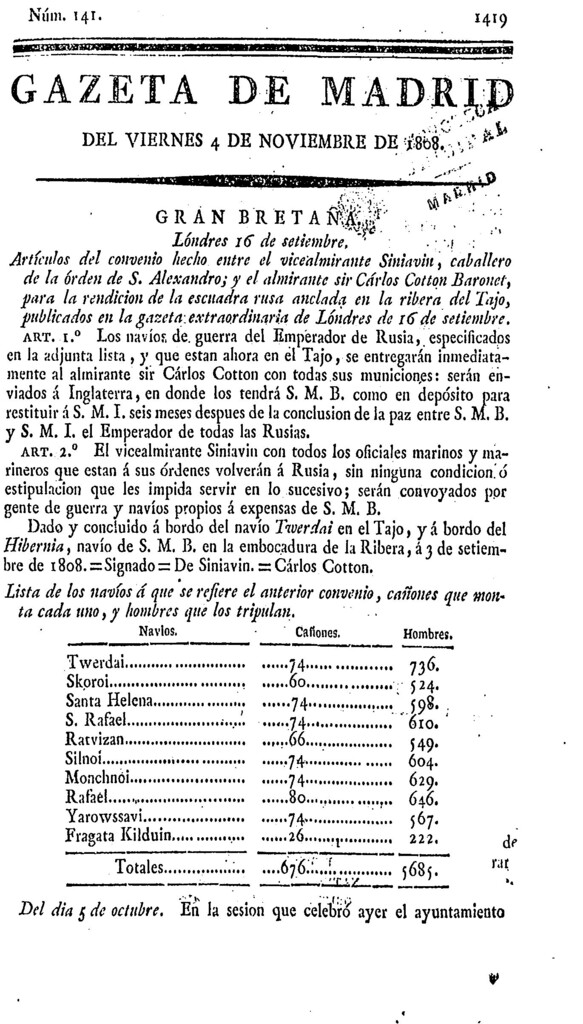 Miniatura de Gazeta de Madrid del viernes 4 de noviembre de 1808