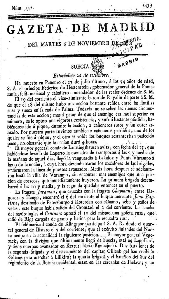 Miniatura de Gazeta de Madrid del martes 8 de noviembre de 1808