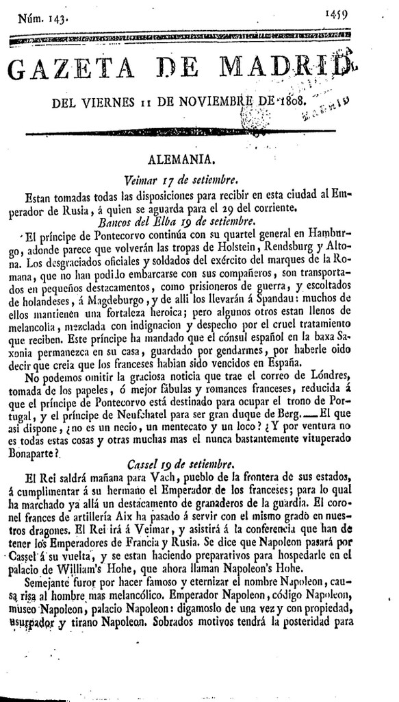 Miniatura de Gazeta de Madrid del viernes 11 de noviembre de 1808
