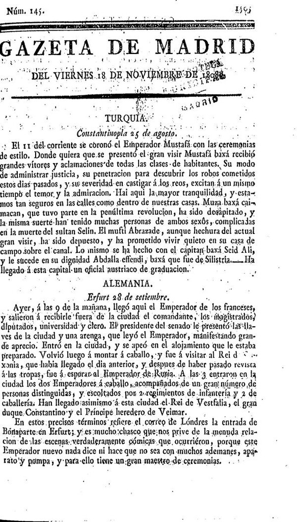 Miniatura de Gazeta de Madrid del viernes 18 de noviembre de 1808