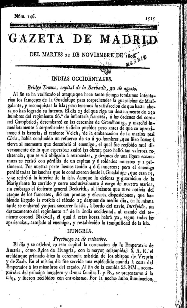 Miniatura de Gazeta de Madrid del martes 22 de noviembre de 1808