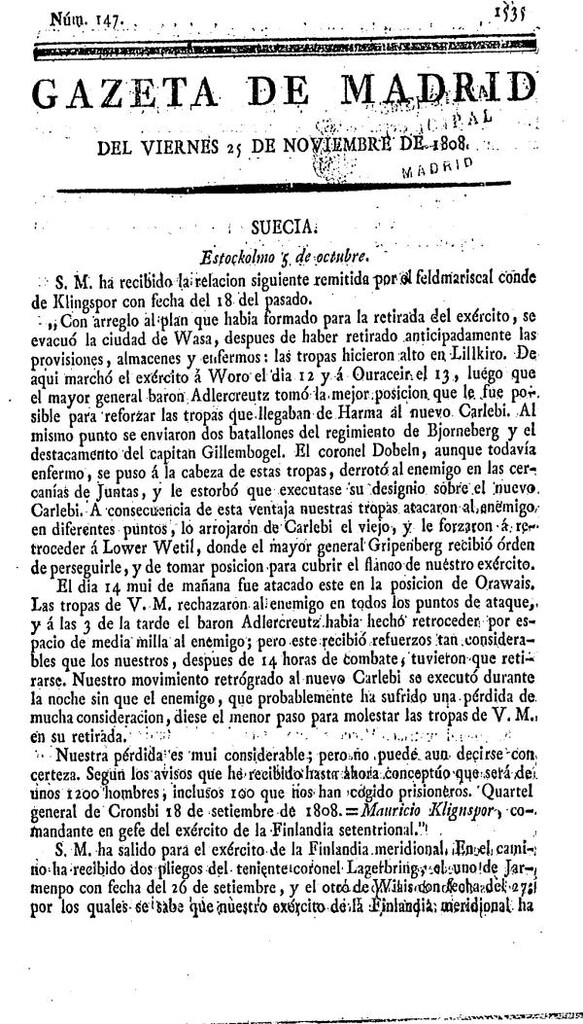 Miniatura de Gazeta de Madrid del viernes 25 de noviembre de 1808