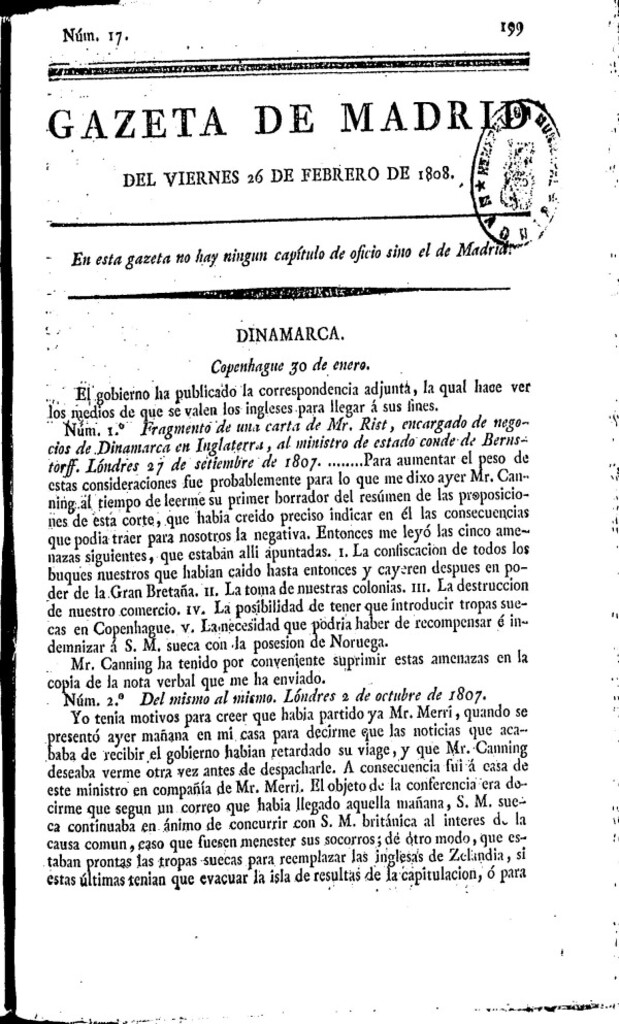 Miniatura de Gazeta de Madrid del viernes 26 de febrero de 1808