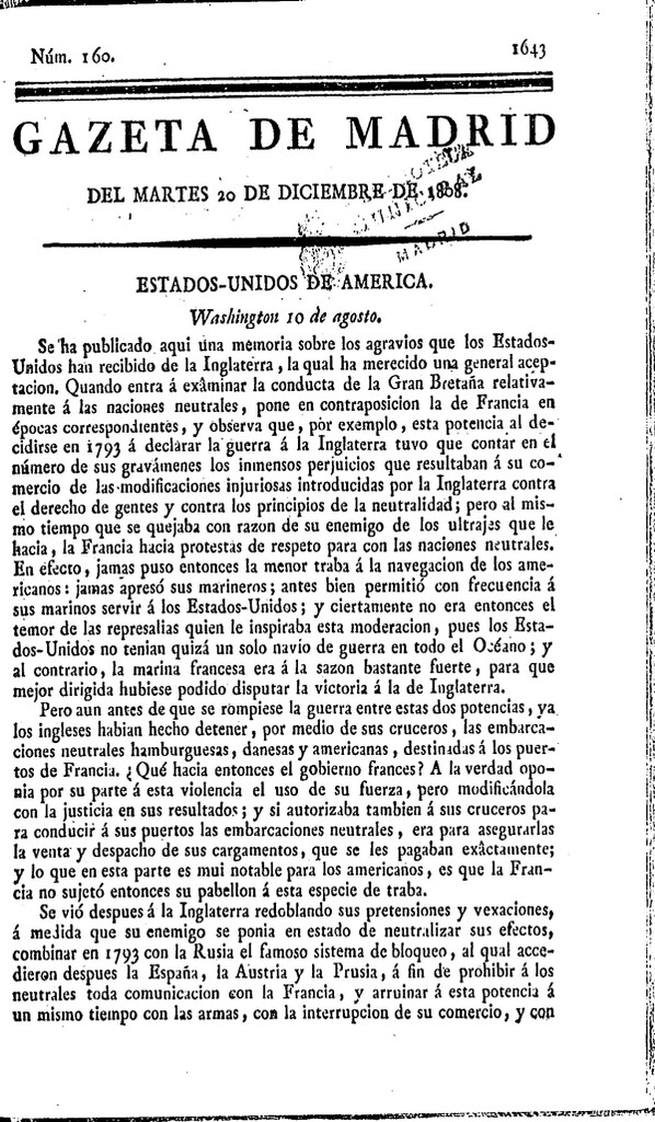 Miniatura de Gazeta de Madrid del martes 20 de Diciembre de 1808