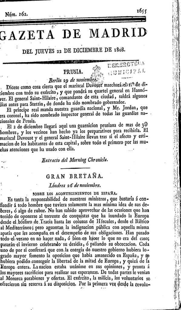 Miniatura de Gazeta de Madrid del jueves 22 de Diciembre de 1808