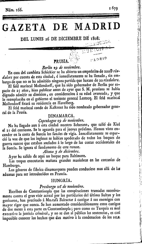 Miniatura de Gazeta de Madrid del lunes 26 de Diciembre de 1808