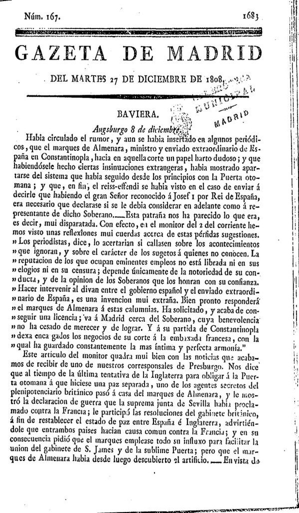 Miniatura de Gazeta de Madrid del martes 27 de Diciembre de 1808
