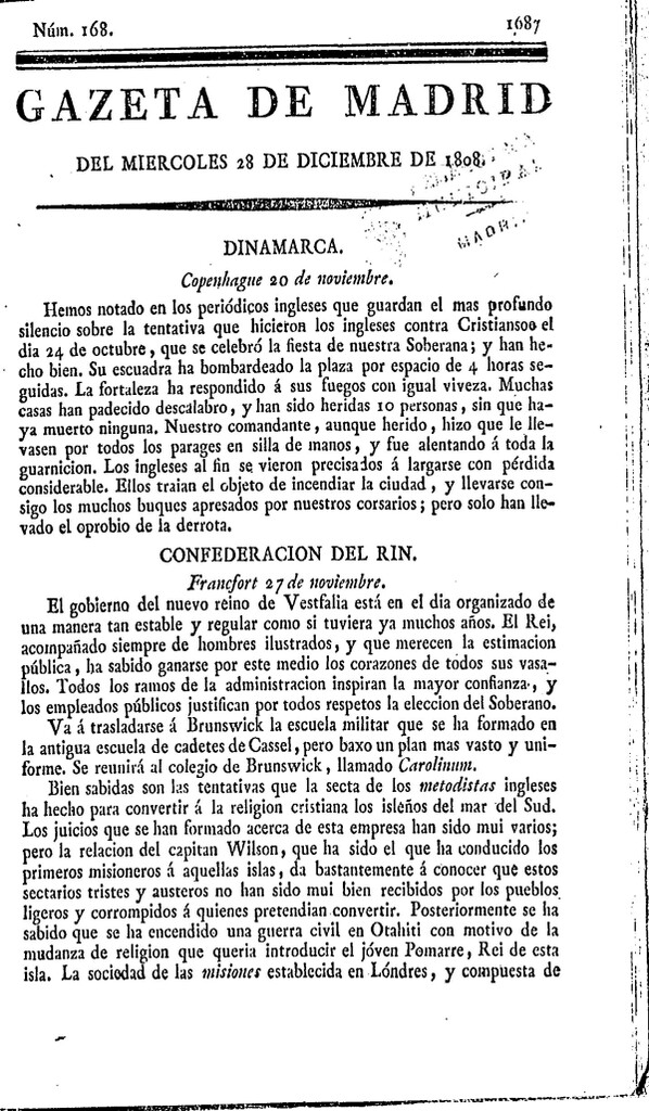 Miniatura de Gazeta de Madrid del miércoles 28 de Diciembre de 1808