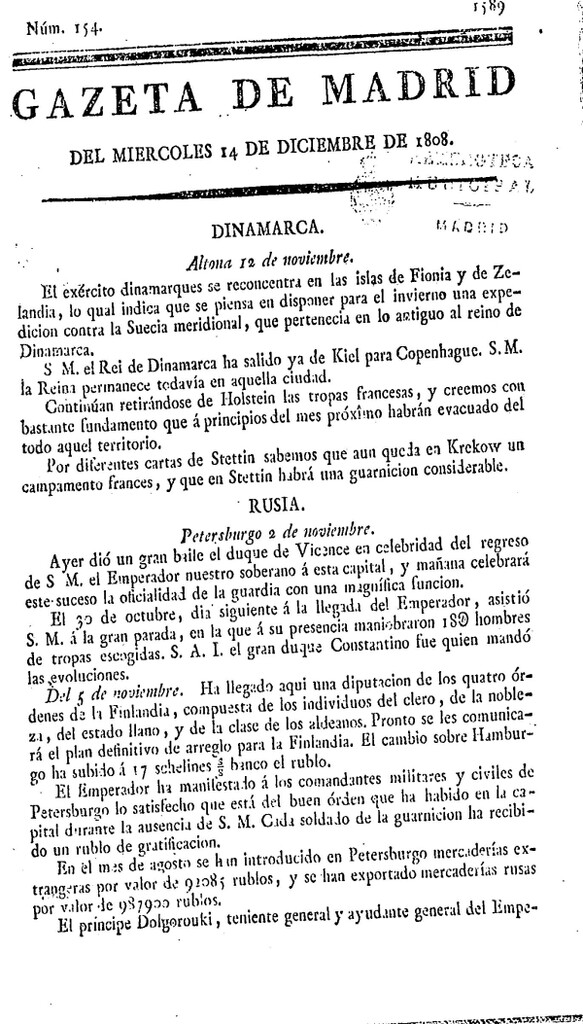 Miniatura de Gazeta de Madrid del miércoles 14 de Diciembre de 1808