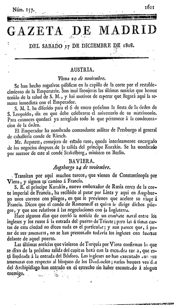 Miniatura de Gazeta de Madrid del sábado 17 de Diciembre de 1808
