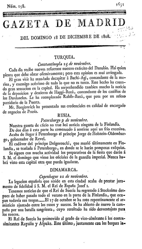 Miniatura de Gazeta de Madrid del domingo 18 de Diciembre de 1808