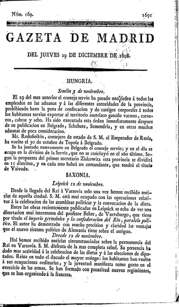 Miniatura de Gazeta de Madrid del jueves 29 de Diciembre de 1808