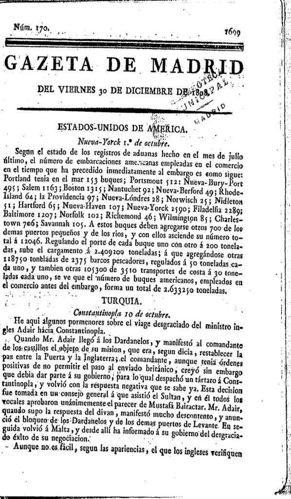 Miniatura de Gazeta de Madrid del viernes 30 de Diciembre de 1808