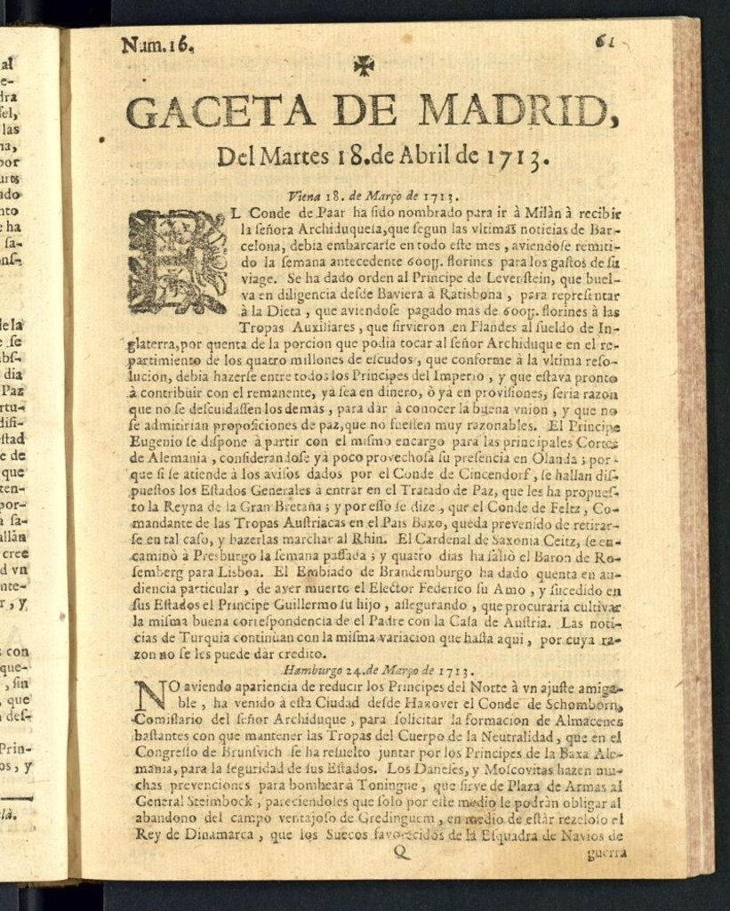 Miniatura de Gaceta de Madrid del 18 de abril de 1713, nº 16