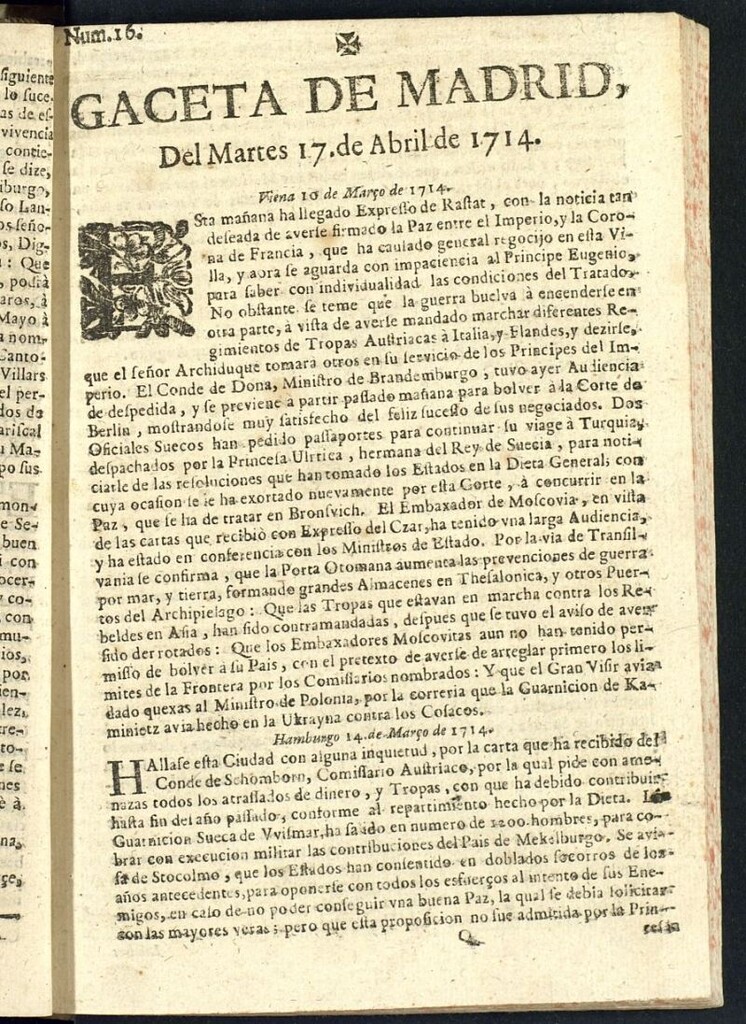 Miniatura de Gaceta de Madrid del 17 de abril de 1714, nº 16