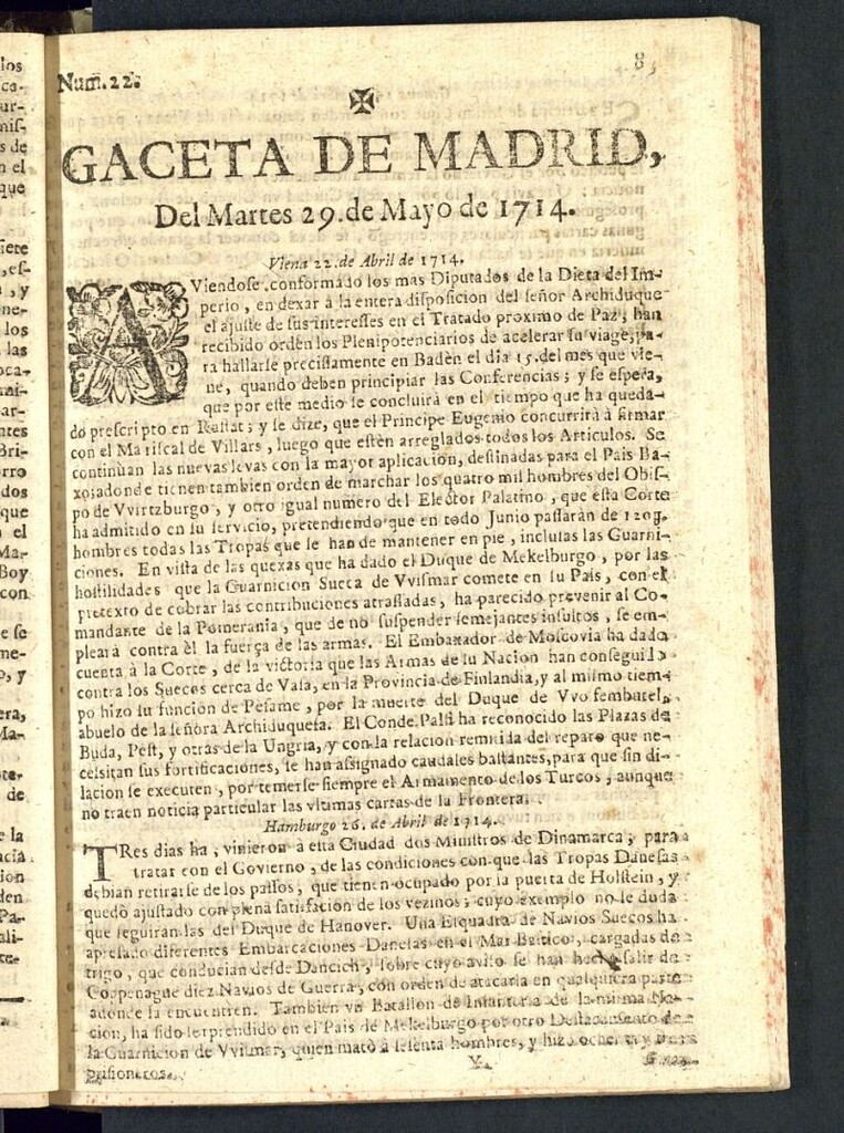 Miniatura de Gaceta de Madrid del 29 de mayo de 1714, nº 22