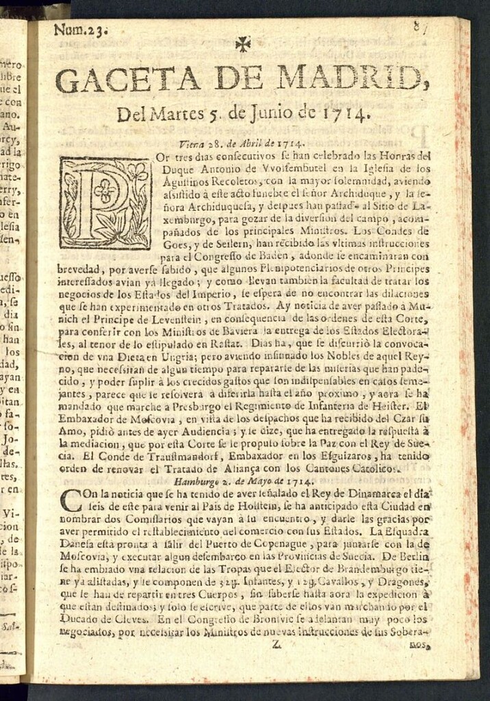 Miniatura de Gaceta de Madrid del 5 de junio de 1714, nº 23