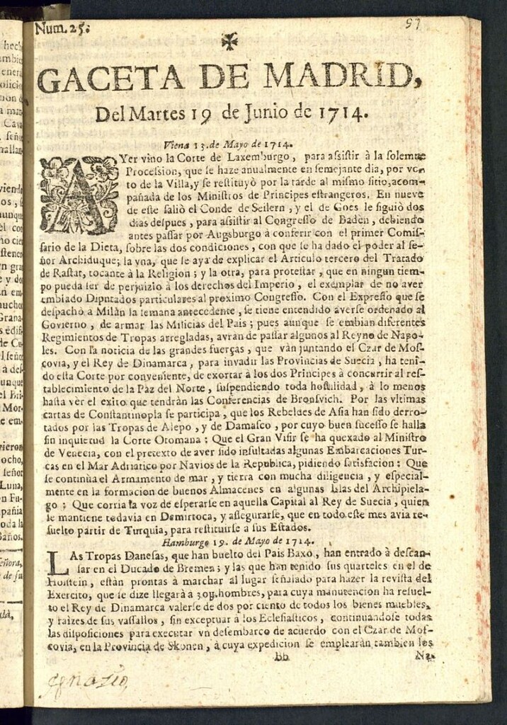 Miniatura de Gaceta de Madrid del 19 de junio de 1714, nº 25
