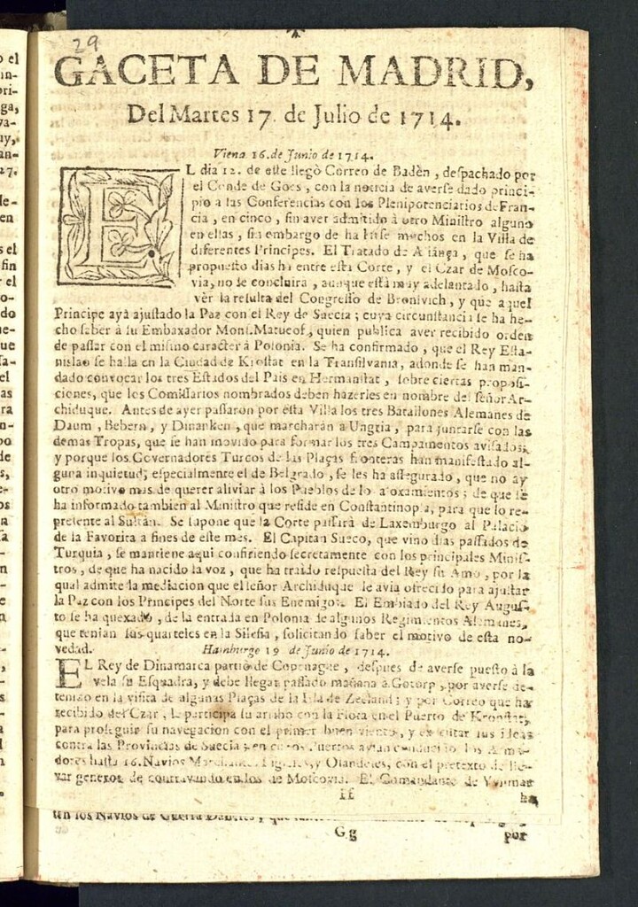 Miniatura de Gaceta de Madrid del 17 julio de 1714, nº 29