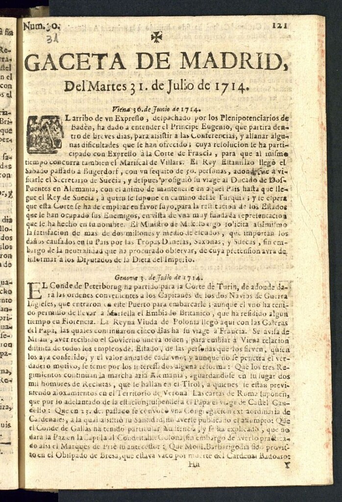 Miniatura de Gaceta de Madrid del 31 julio de 1714, nº 31