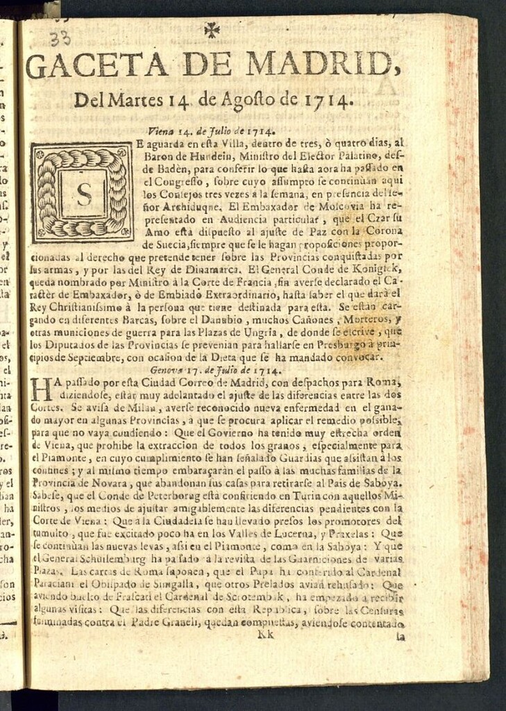 Miniatura de Gaceta de Madrid del 14 agosto de 1714, nº 33
