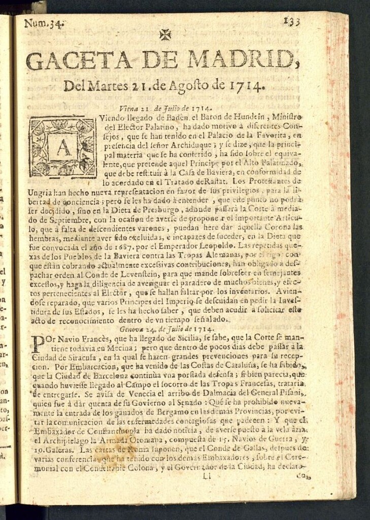 Miniatura de Gaceta de Madrid del 21 agosto de 1714, nº 34