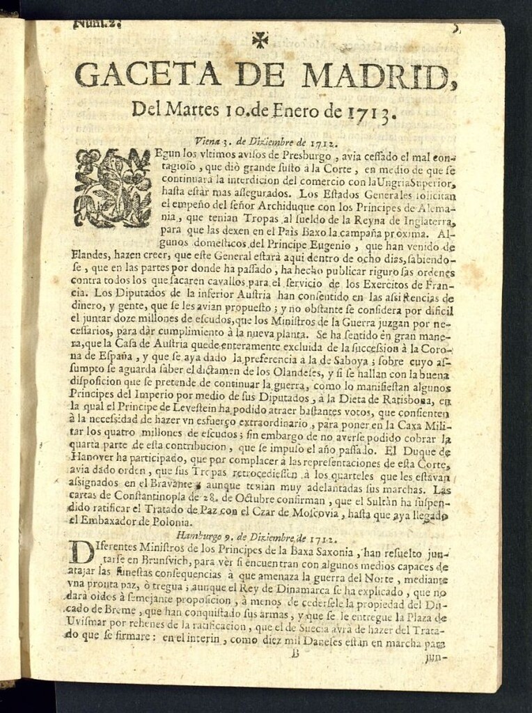 Miniatura de Gaceta de Madrid del del 10 de enero de 1713, nº 2