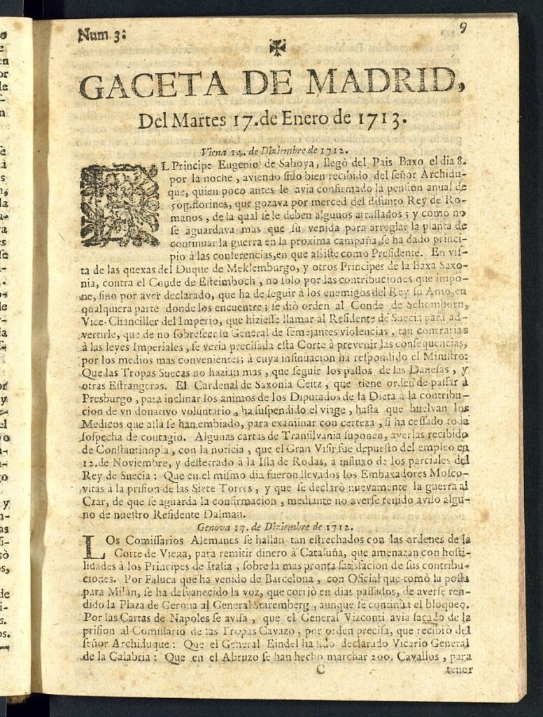 Miniatura de Gaceta de Madrid del del 17 de enero de 1713, nº 3