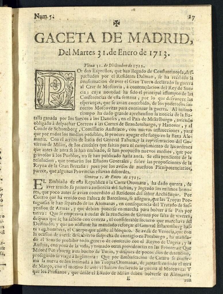 Miniatura de Gaceta de Madrid del del 31 de enero de 1713, nº 5