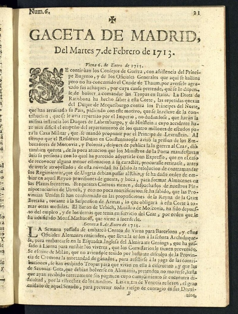 Miniatura de Gaceta de Madrid del del 7 de febrero de 1713, nº 6