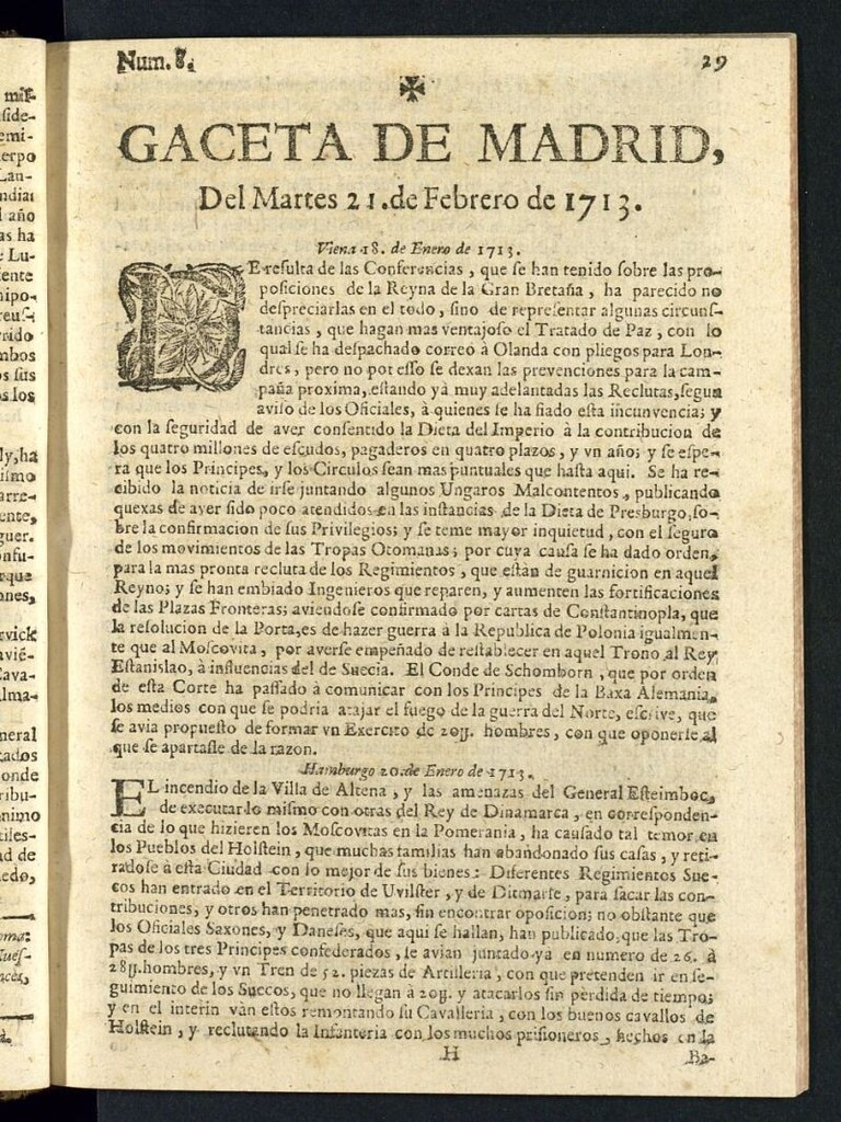 Miniatura de Gaceta de Madrid del del 21 de febrero de 1713, nº 8