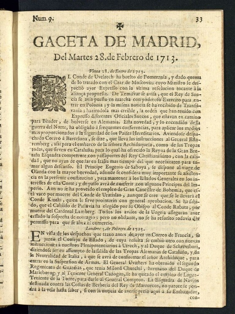 Miniatura de Gaceta de Madrid del del 28 de febrero de 1713, nº 9