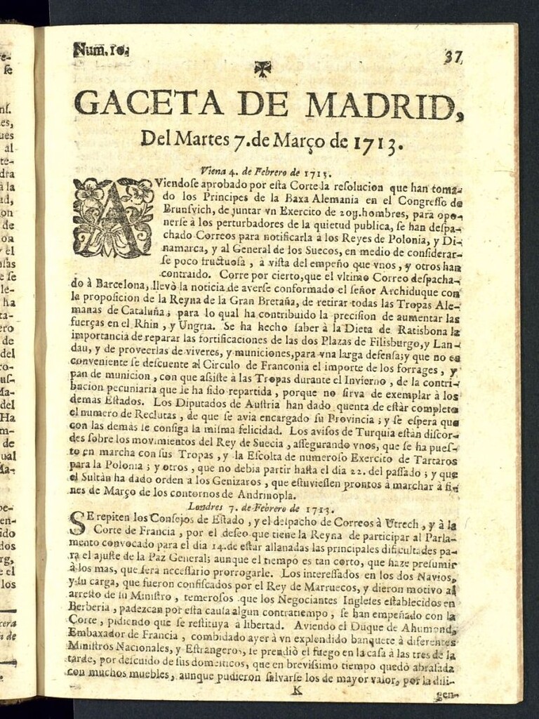 Miniatura de Gaceta de Madrid del del 7 de marzo de 1713, nº 10