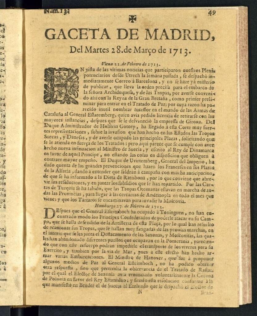 Miniatura de Gaceta de Madrid del del 28 de marzo de 1713, nº 13