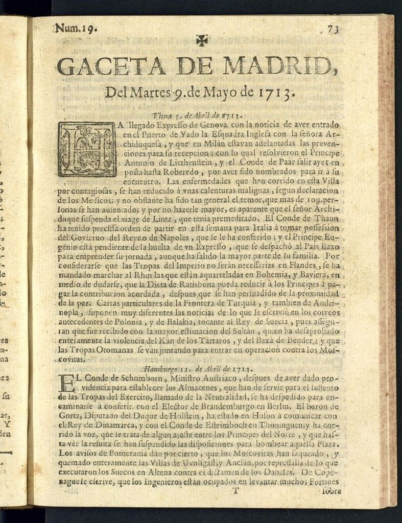 Miniatura de Gaceta de Madrid del del 9 de mayo de 1713, nº 19