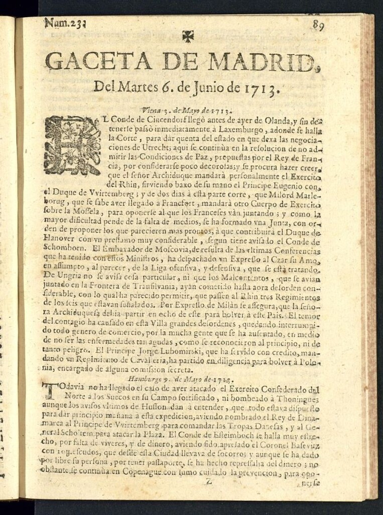 Miniatura de Gaceta de Madrid del del 6 de junio de 1713, nº 23
