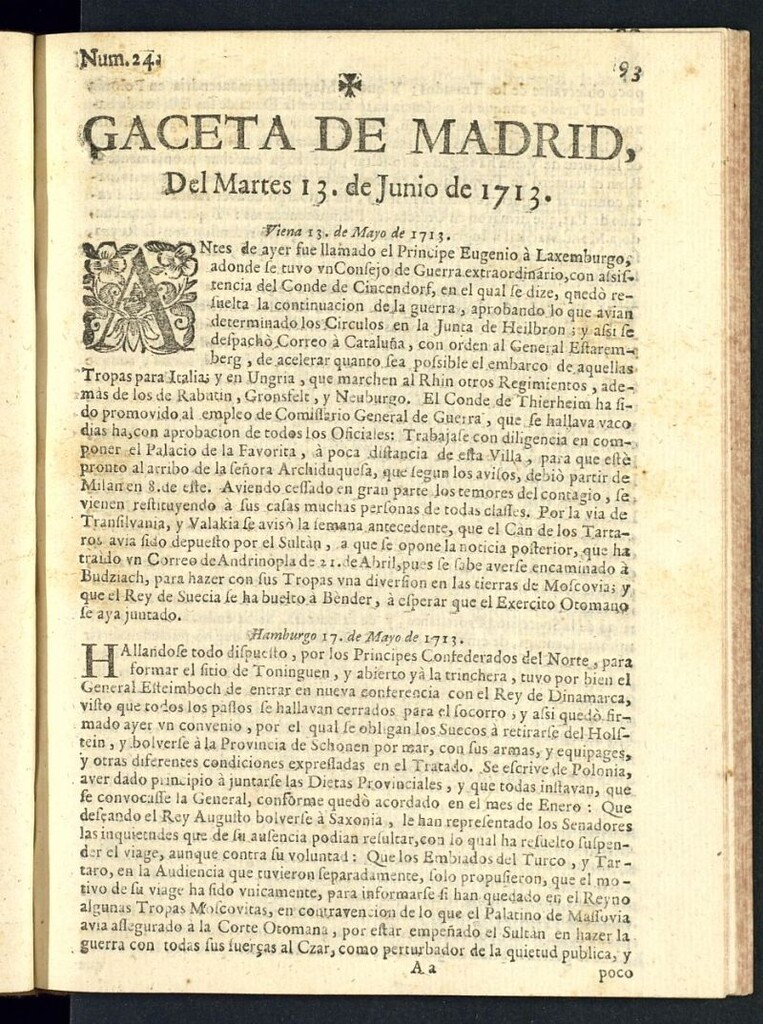 Miniatura de Gaceta de Madrid del del 13 de junio de 1713, nº 24