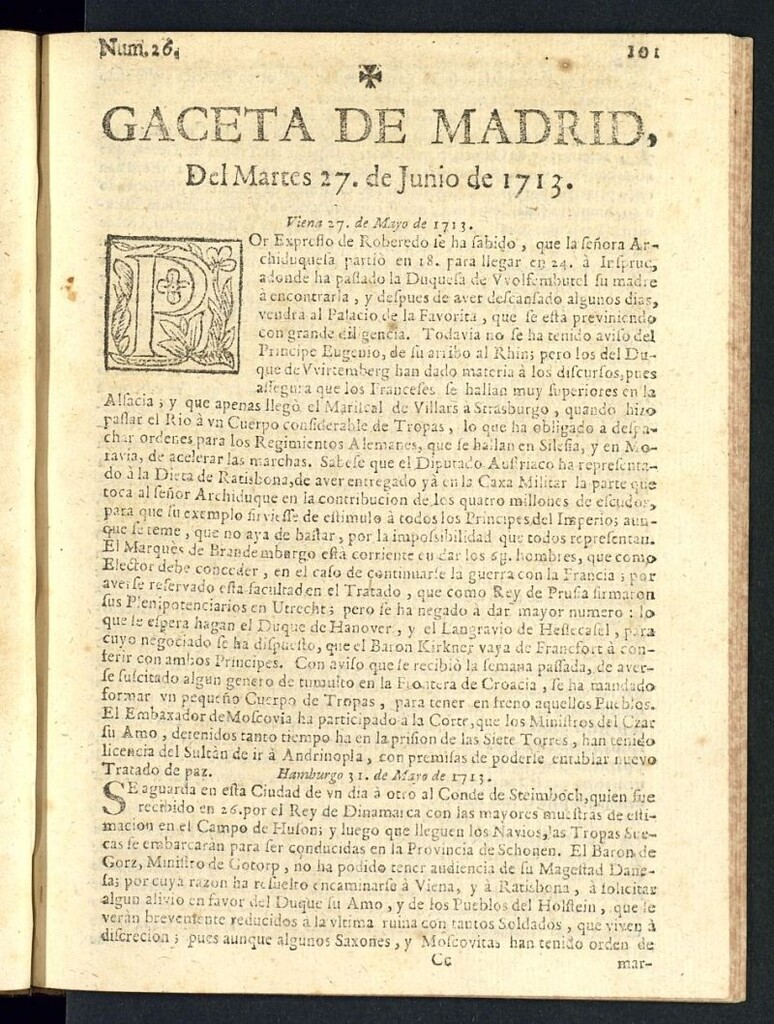 Miniatura de Gaceta de Madrid del del 27 de junio de 1713, nº 26
