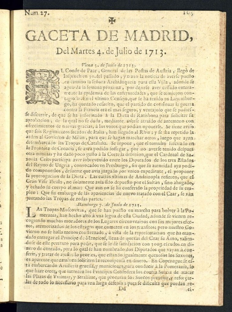 Miniatura de Gaceta de Madrid del del 4 de julio de 1713, nº 27