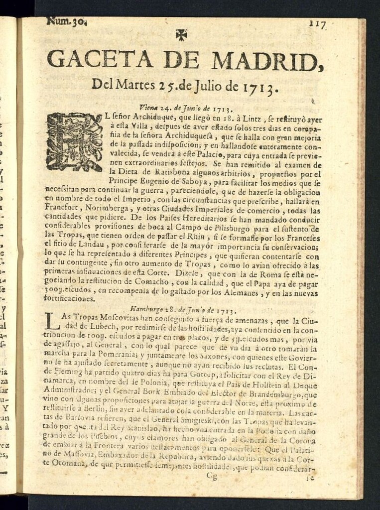 Miniatura de Gaceta de Madrid del del 25 de julio de 1713, nº 30