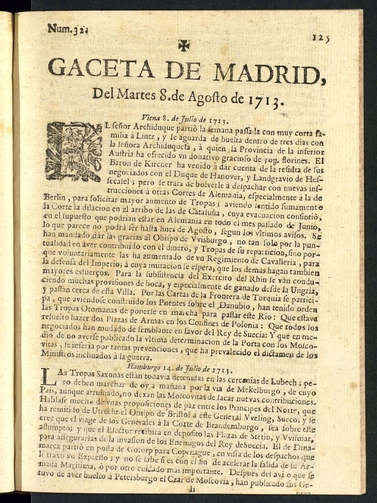 Miniatura de Gaceta de Madrid del del 8 de agosto de 1713, nº 32