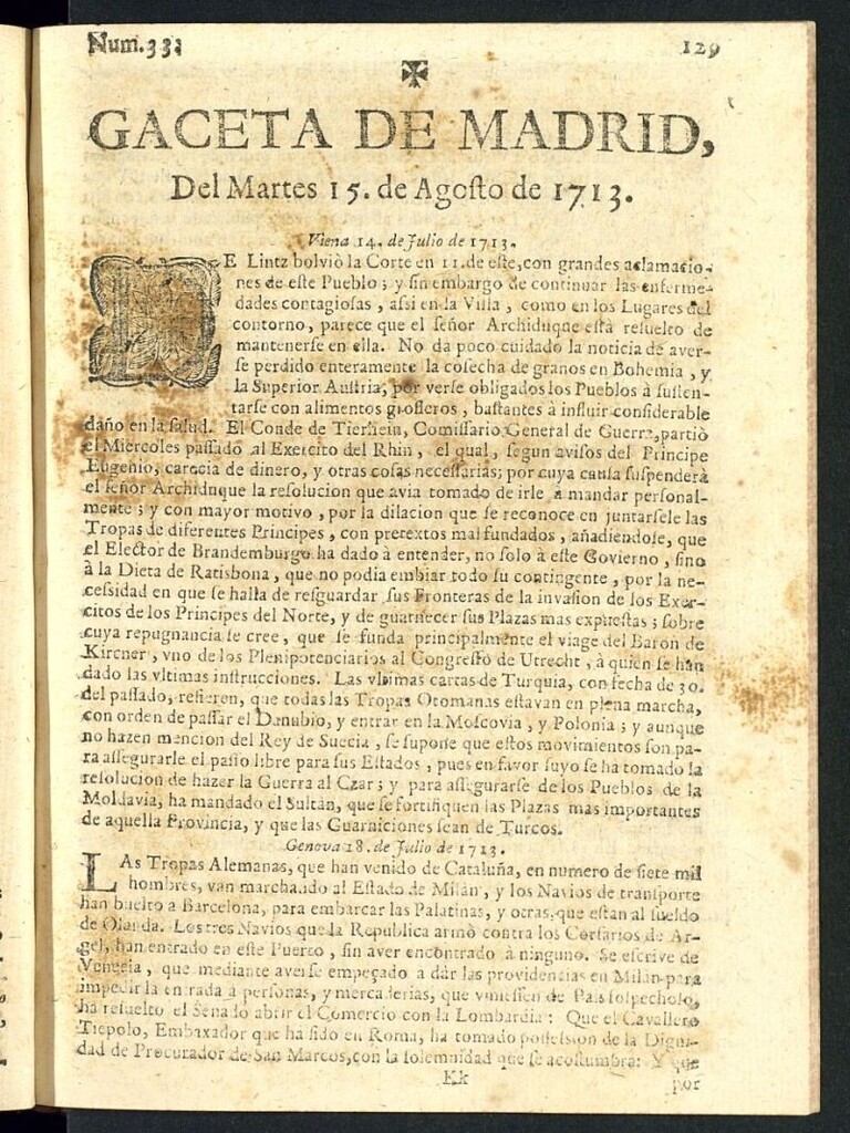 Miniatura de Gaceta de Madrid del del 15 de agosto de 1713, nº 33