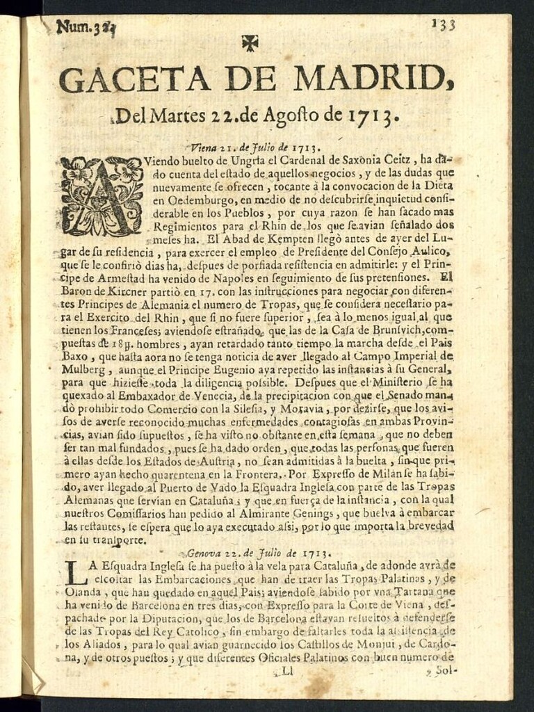 Miniatura de Gaceta de Madrid del del 22 de agosto de 1713, nº 34
