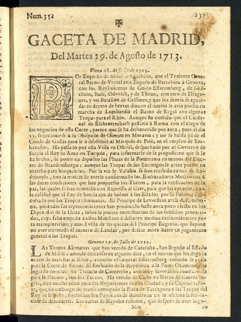 Miniatura de Gaceta de Madrid del del 29 de agosto de 1713, nº 35