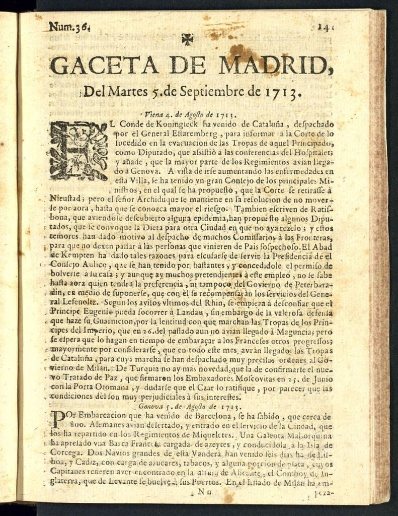 Miniatura de Gaceta de Madrid del del 5 de septiembre de 1713, nº 36