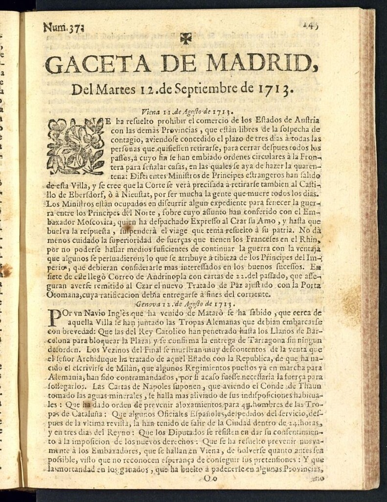 Miniatura de Gaceta de Madrid del del 12 de septiembre de 1713, nº 37
