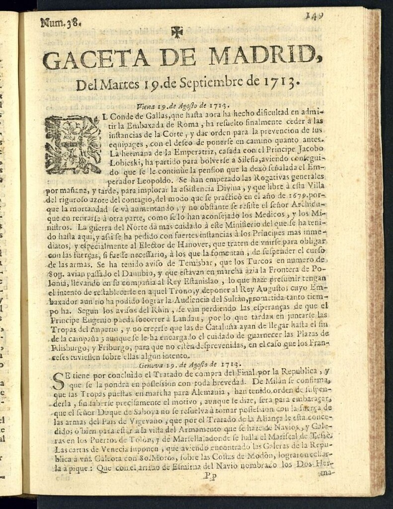 Miniatura de Gaceta de Madrid del del 19 de septiembre de 1713, nº 38